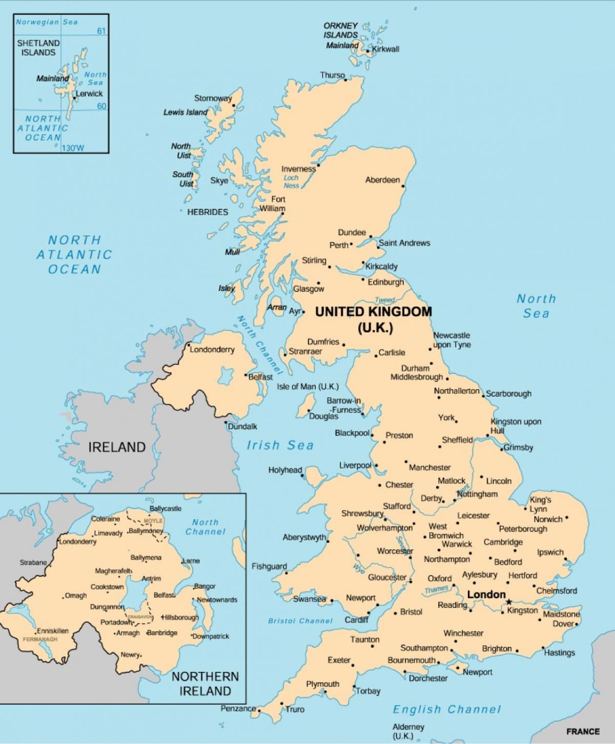 Mapa do Reino Unido (UK) com as principais cidades