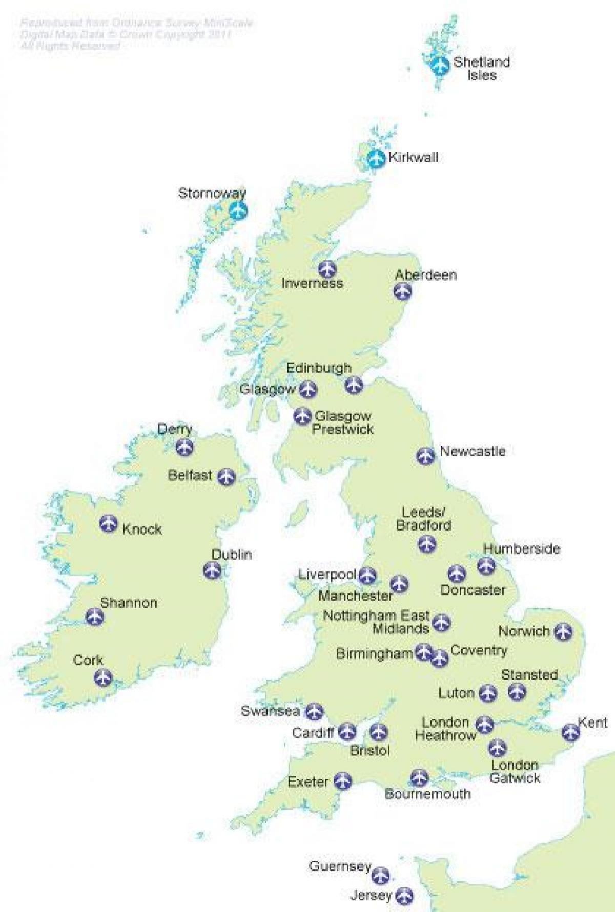 Mapa dos aeroportos do Reino Unido (UK)