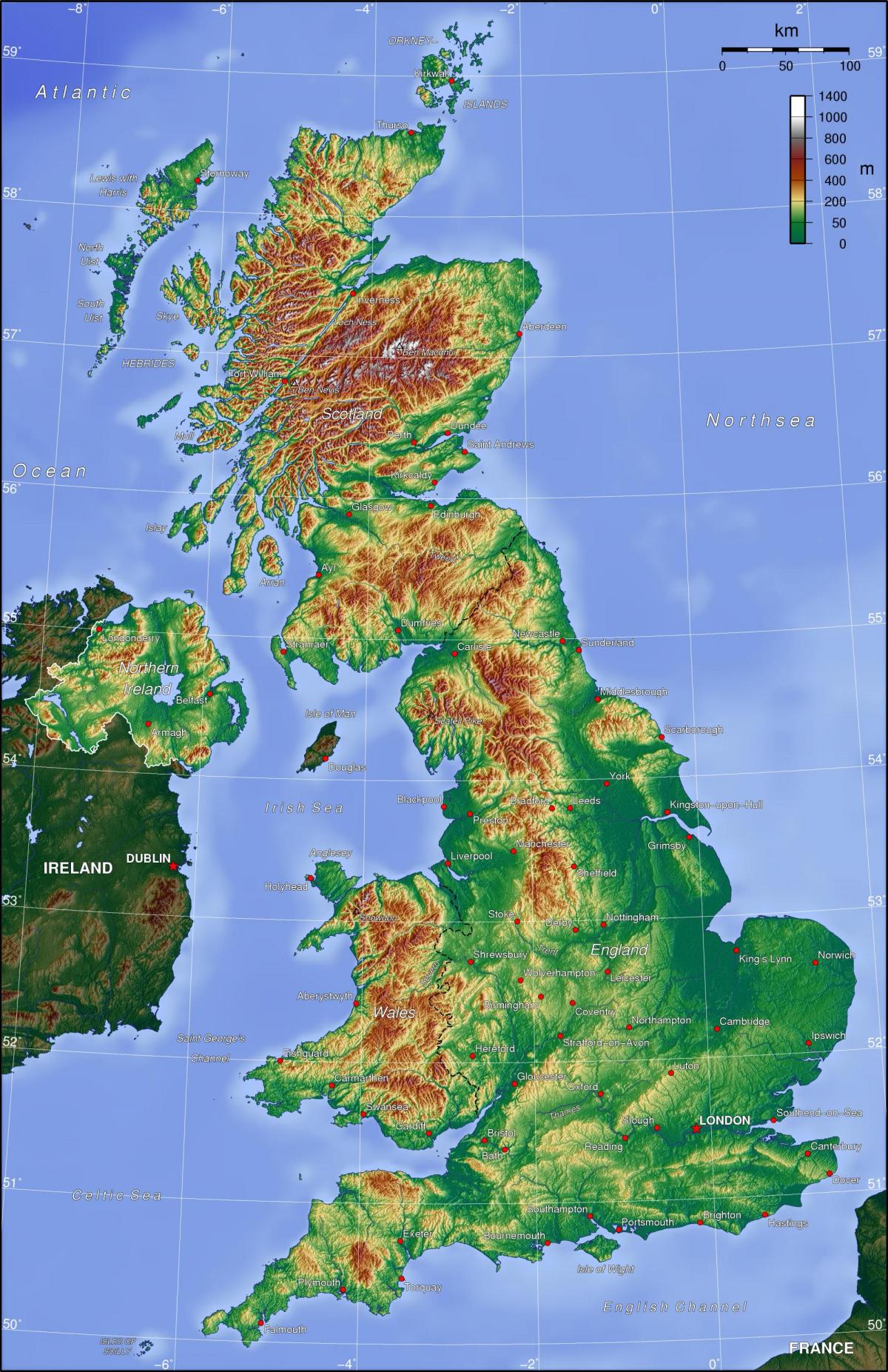 Mapa topográfico do Reino Unido (UK)