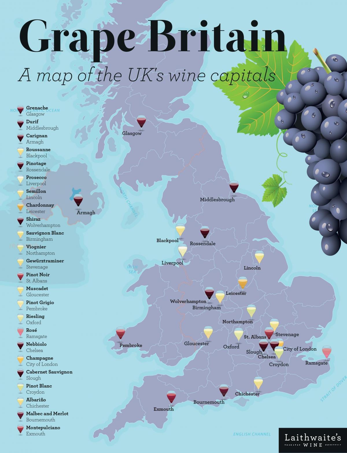 Mapa dos vinhedos do Reino Unido (UK)
